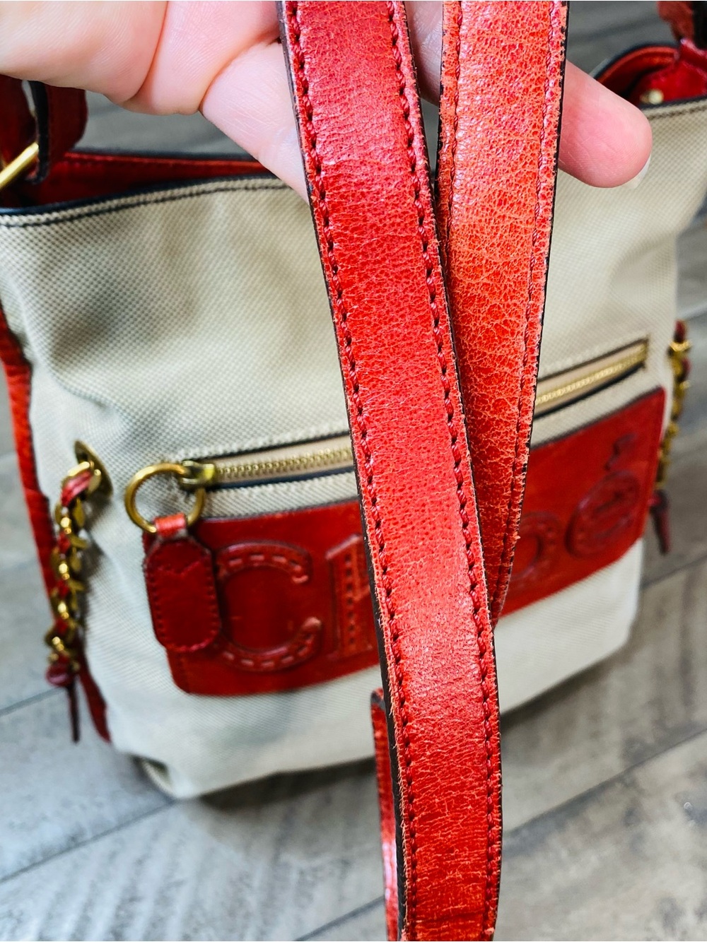 Vintage Chloé Harley Canvas Leather Crossbody Shoulder Bag Beige Red Y2K Phoebe - Picture 11 of 15